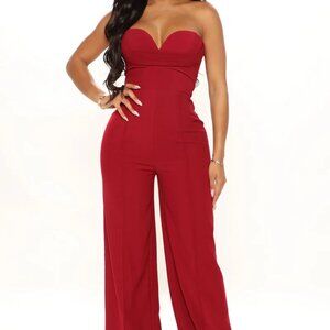 Strapeless Sweetheart Neckline Wide Leg Jumpsuit - Burgundy Size XL